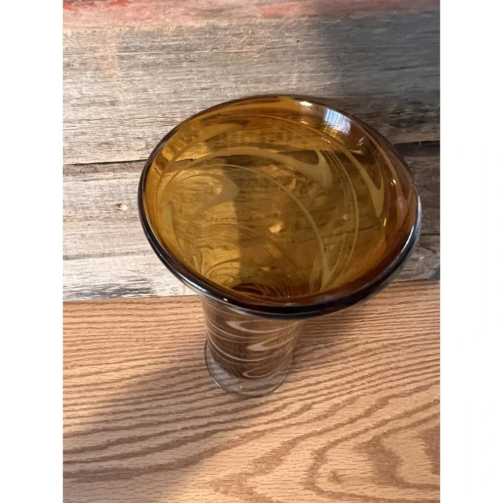 Vintage Hand Blown Brown Amber With White Swirl Footed Glass Vase 9